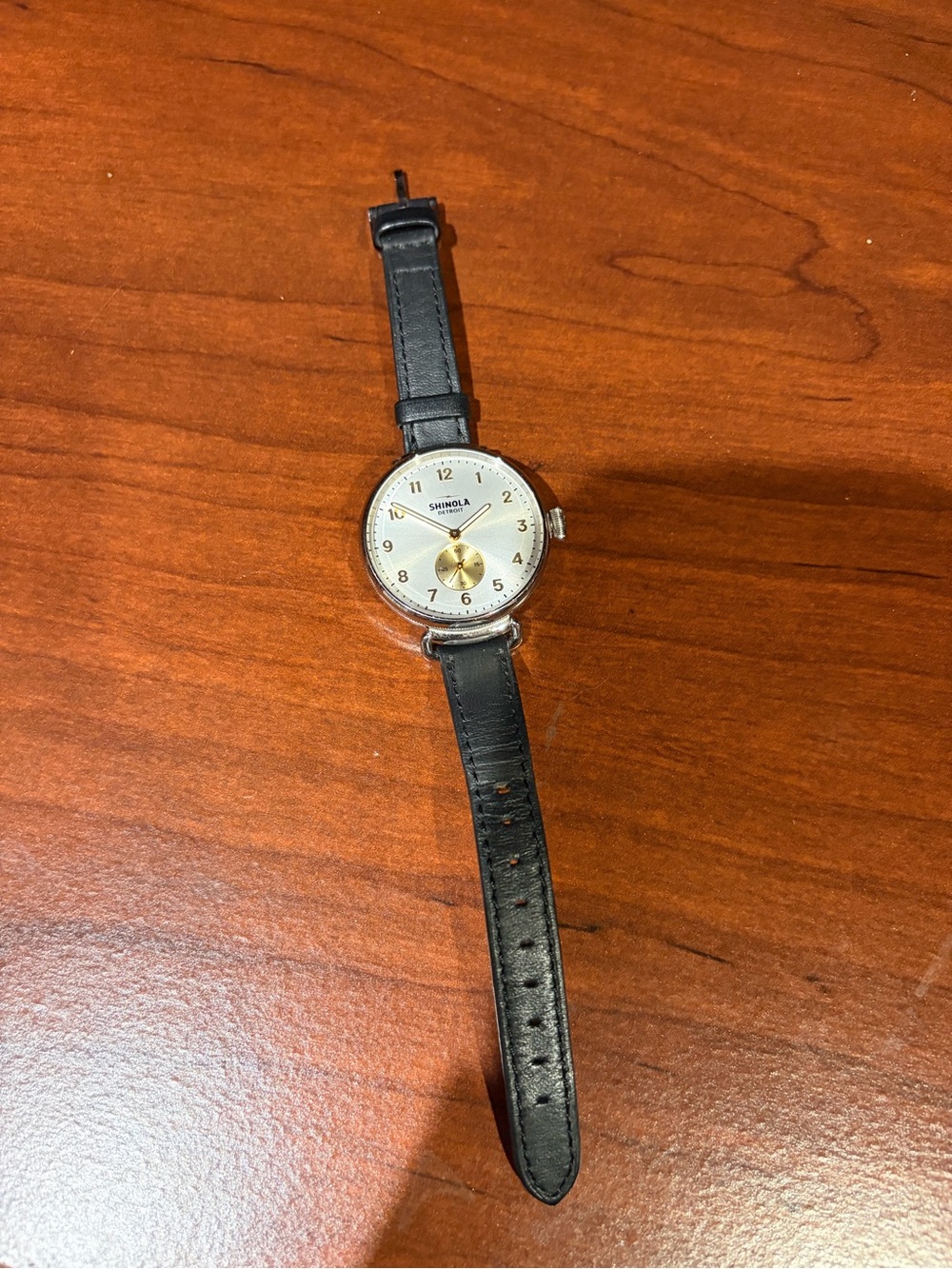 Shinola Canfield Watch with Black Leather Strap, Silver Case, Gold/White Face